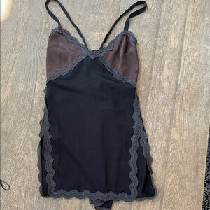 Elegant Black and Brown Lace Trim Chemise slip dress